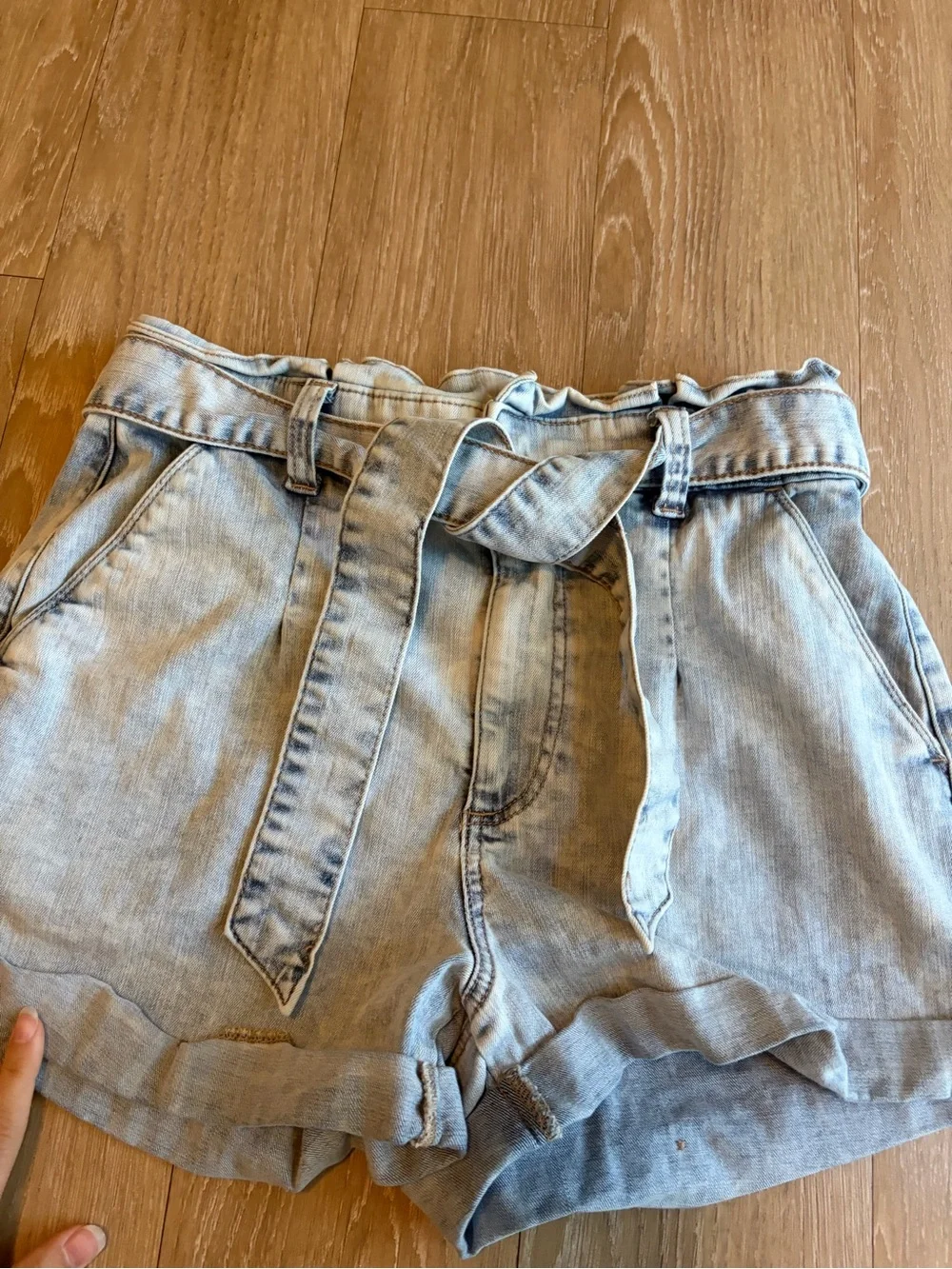 Light Blue Shortie Super High Rise Paperbag Waist Denim Shorts w/ Tie Belt